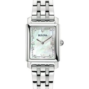 Bulova Woman's Mother of Pearl Rectangle Silver Classic Diamond Watch 96P244