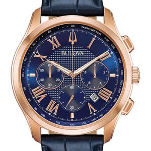 Bulova Men's Blue leather and Rose Gold Classic Watch 98A165