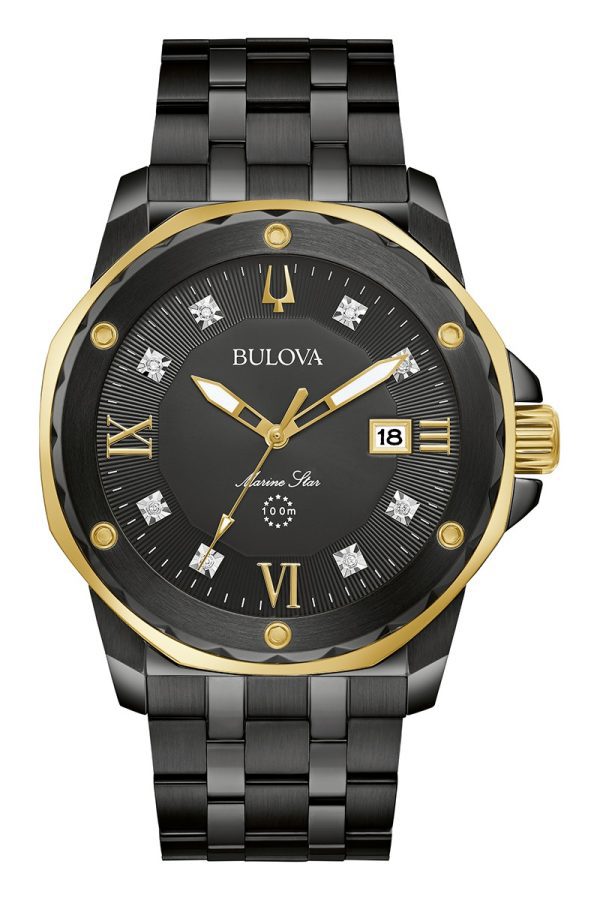 Bulova Men's Black and Gold Marine Star Diamond Watch 98D176